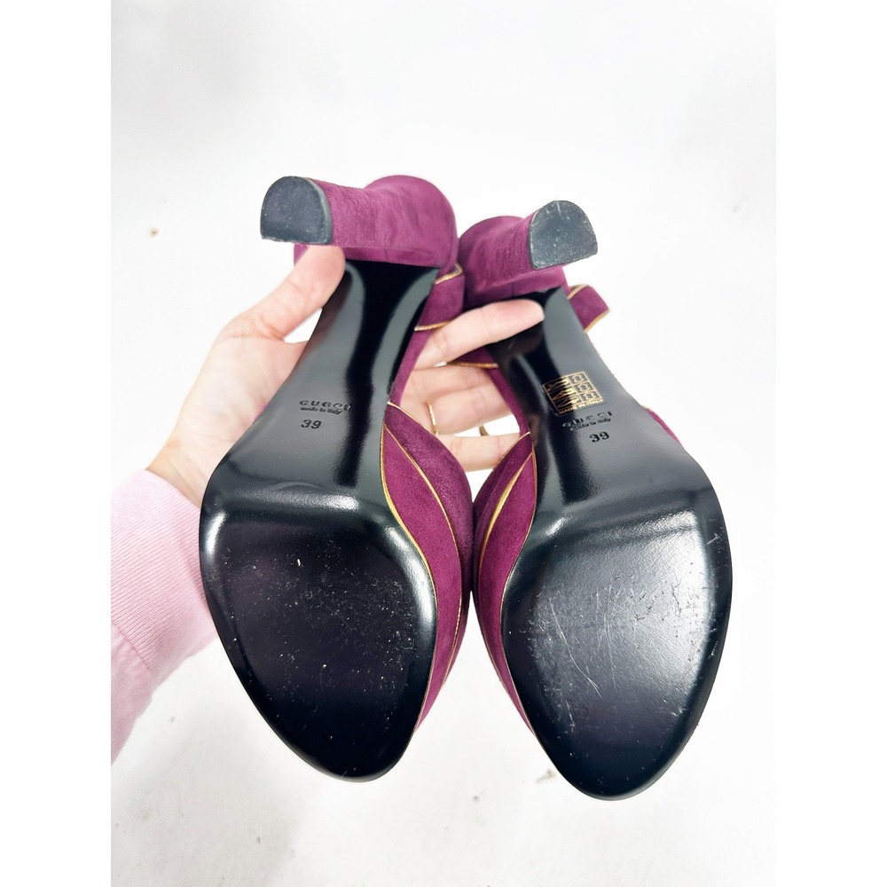 Gucci Platform Pumps Huston 39 Purple Suede Gold Trim Ankle Strap Heels - Picture 5 of 10